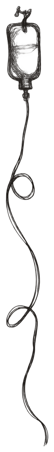 An IV bag and one long tube looping down — pen drawing.