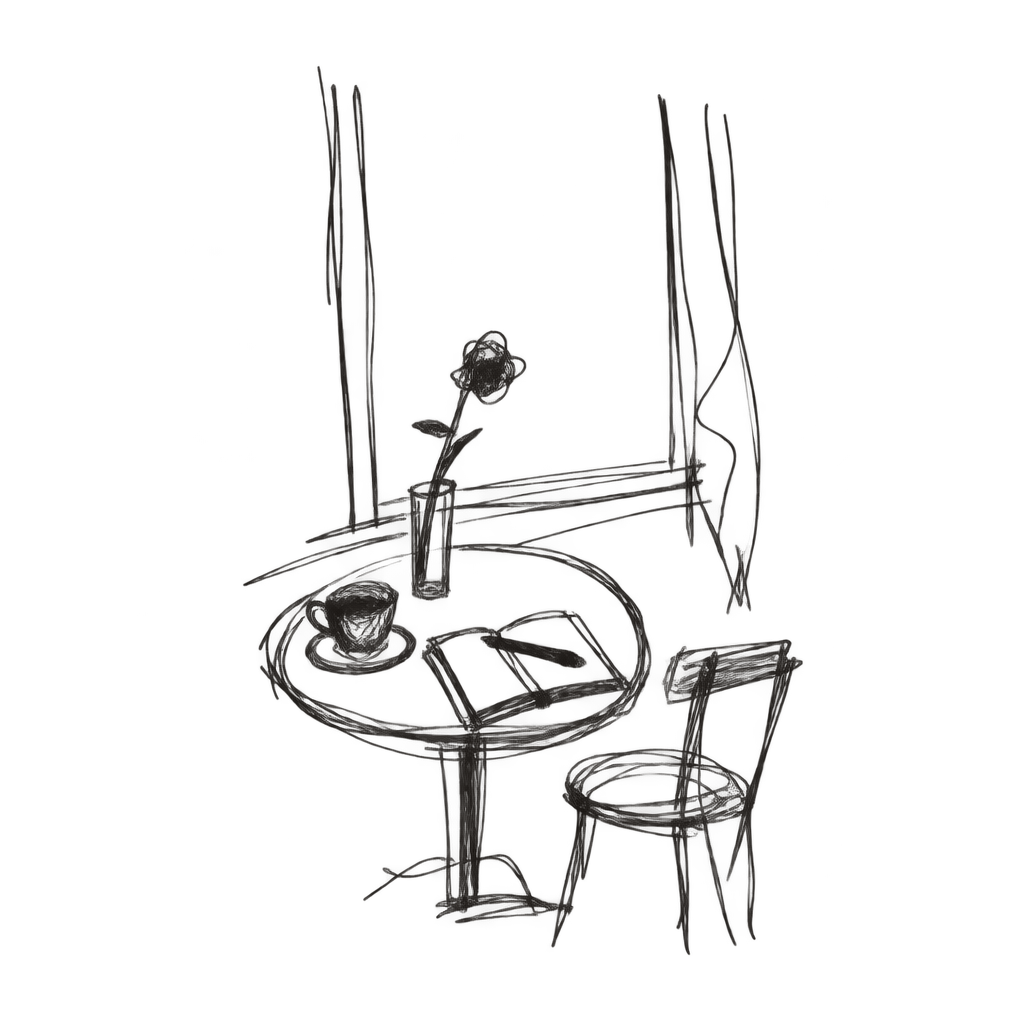 A teacup, an open notebook and one stem on a small table by a tall window — pen drawing.