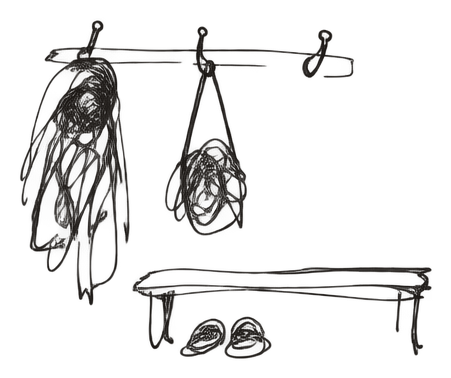 Three coat hooks — a coat, a bag, and one empty — above a bench with a pair of shoes. Pen drawing.