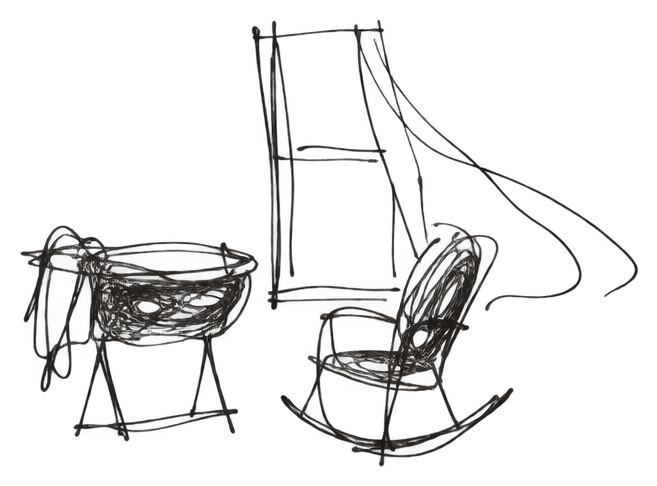 A bassinet by a tall window, a blanket over its edge, a rocking chair — pen drawing.