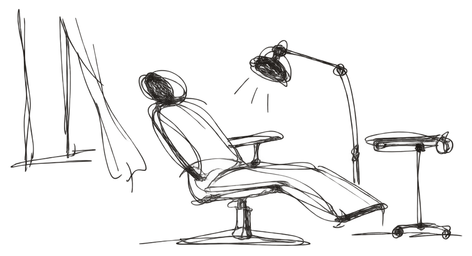 A treatment chair, a lamp on its arm, a tray, a window — pen drawing.
